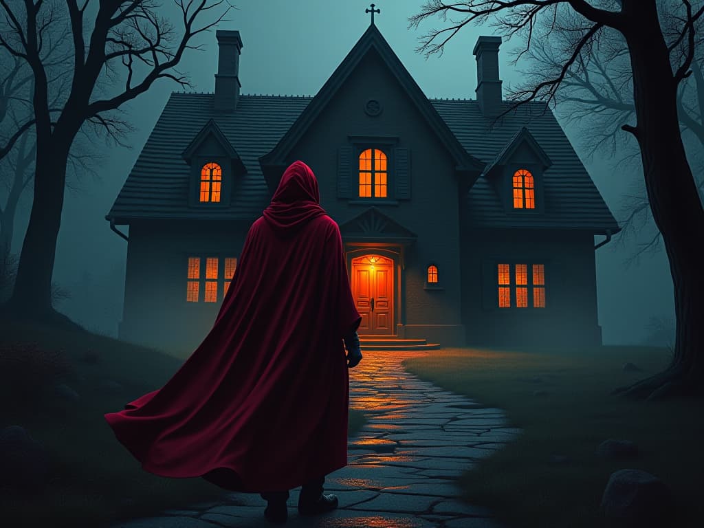  traveler in red cloak, arriving at familiar homestead, warm light in windows, sense of return and belonging. the style is digital art illustration / modern comic book / graphic dark novel fantasy and mysterious occult, symbolic, moody lighting, esoteric vibe,high detail on character design. for the color scheme emphasize blacks and reds.