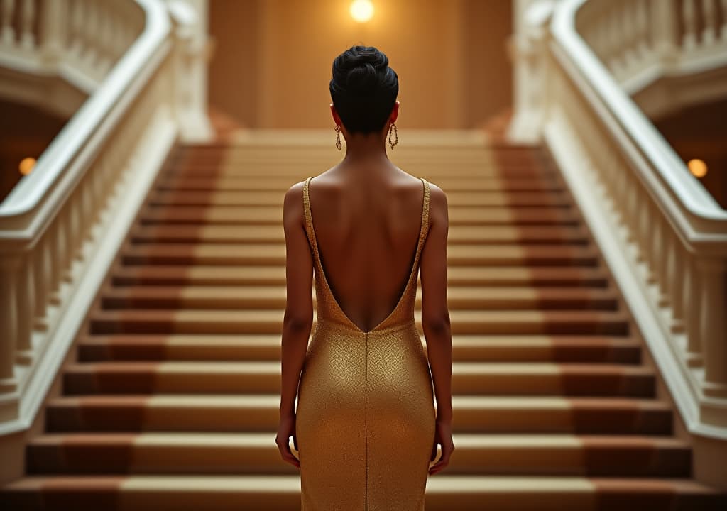  a back view woman in a gold dress stands in front of a staircase. concept of elegance and sophistication, as the woman is dressed in a beautiful gown and he is attending a formal event