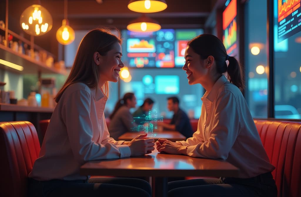  "create a vibrant scene depicting a cozy modern café where a person is engaging in a lively conversation with a holographic ai chatbot. the environment should include sleek furniture, floating screens displaying colorful data patterns, and warm, inviting lighting. capture the essence of technology blending with human interaction, featuring the person smiling while the ai displays dynamic visual responses, including glowing icons and animated text." hyperrealistic, full body, detailed clothing, highly detailed, cinematic lighting, stunningly beautiful, intricate, sharp focus, f/1. 8, 85mm, (centered image composition), (professionally color graded), ((bright soft diffused light)), volumetric fog, trending on instagram, trending on tumblr, HDR 4K, 8K