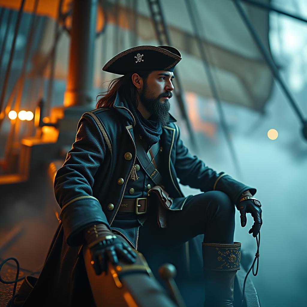  **steam pirate muse on a robotic ship** hyperrealistic, full body, detailed clothing, highly detailed, cinematic lighting, stunningly beautiful, intricate, sharp focus, f/1. 8, 85mm, (centered image composition), (professionally color graded), ((bright soft diffused light)), volumetric fog, trending on instagram, trending on tumblr, HDR 4K, 8K