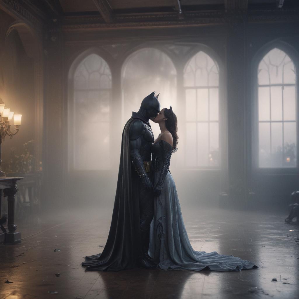 ((masterpiece)),(((best quality))), 8k, high detailed, ultra detailed, Cat Woman kissing Batman, romantic setting, soft pastel colors, dream like quality hyperrealistic, full body, detailed clothing, highly detailed, cinematic lighting, stunningly beautiful, intricate, sharp focus, f/1. 8, 85mm, (centered image composition), (professionally color graded), ((bright soft diffused light)), volumetric fog, trending on instagram, trending on tumblr, HDR 4K, 8K