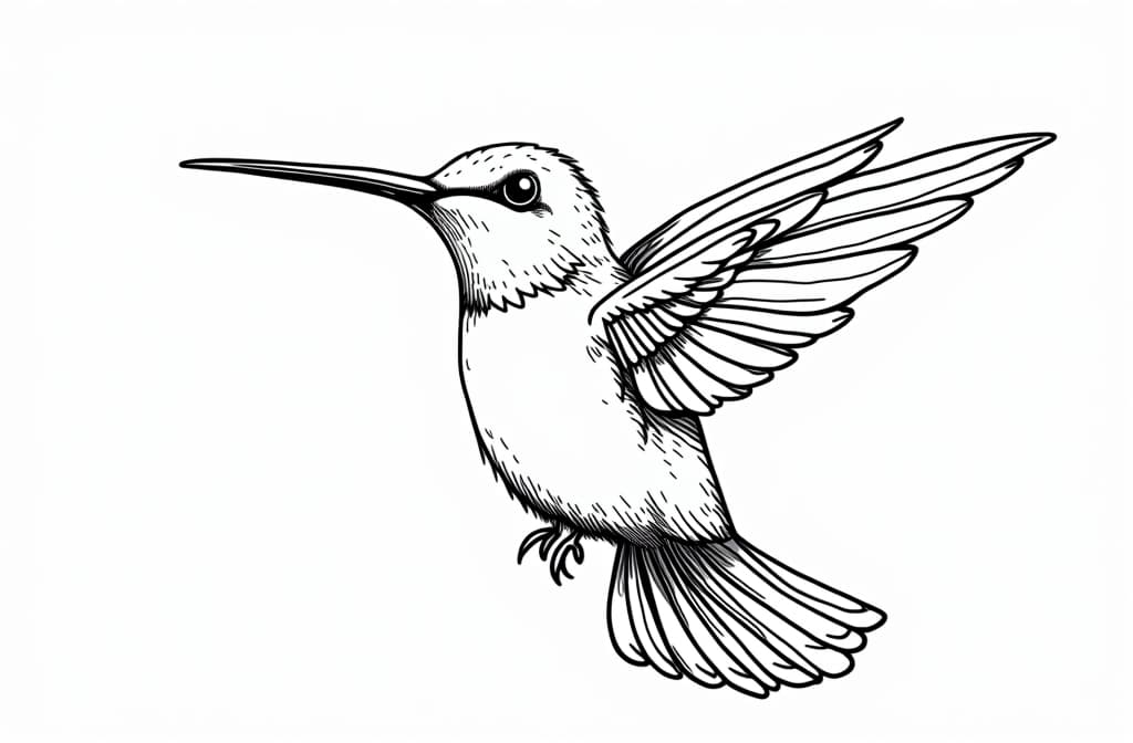  contour, very simple image in one unbroken black ink line, single line of funny hummingbird coloring page. hummingbirds cartoon characters. for kids coloring book. ar 3:2 using a single continuous black line ink brushon white background, drawing should be created without lifting the pen, recognizable features of funny hummingbird coloring page. hummingbirds cartoon characters. for kids coloring book. ar 3:2 in one unbroken line