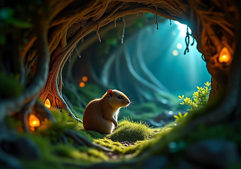  a serene underground burrow illuminated by soft, glowing crystals, surrounded by intricate roots and vibrant flora, with a dreaming gopher nestled in moss, surrounded by swirling wisps of ethereal energy representing hidden wisdom. hyperrealistic, full body, detailed clothing, highly detailed, cinematic lighting, stunningly beautiful, intricate, sharp focus, f/1. 8, 85mm, (centered image composition), (professionally color graded), ((bright soft diffused light)), volumetric fog, trending on instagram, trending on tumblr, HDR 4K, 8K