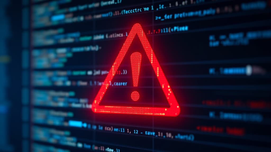  a red exclamation mark on a digital screen background an abstract concept of security and cyber attack is depicted with a red triangle frame icon of a broken or attacked computer network