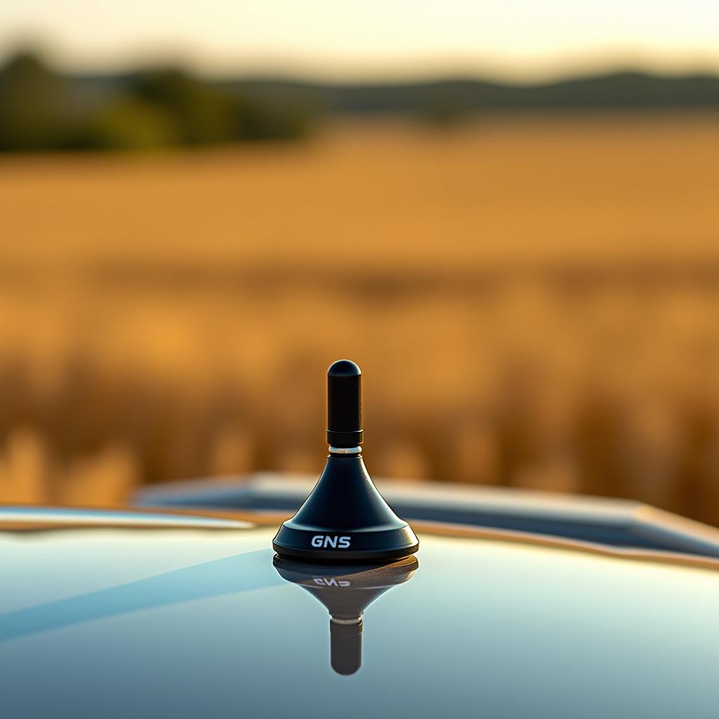  gnss antenna on the hood of the car in wheat fields.