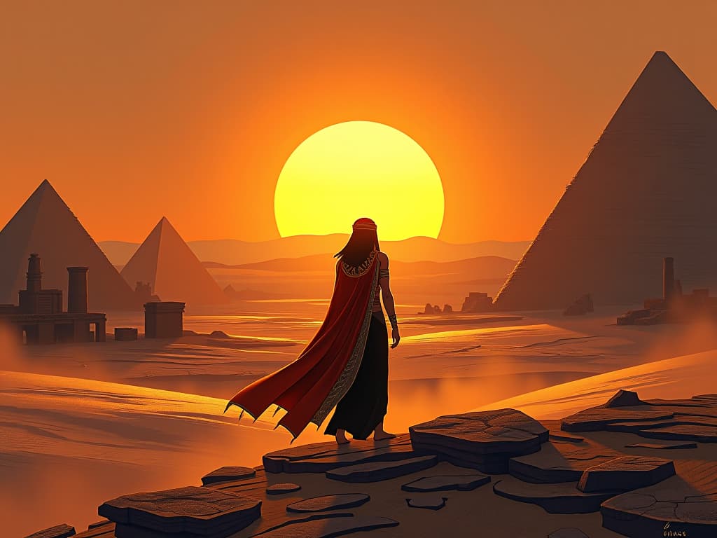  sun rising over a vast desert, casting long shadows of ancient ruins, golden hues painting the sky, a transformative moment, sense of new beginnings, majestic. the style is digital art illustration / modern comic book / mysterious occult, symbolic, esoteric vibe,high detail on character design, incorporating ancient egyptian symbology and attire.