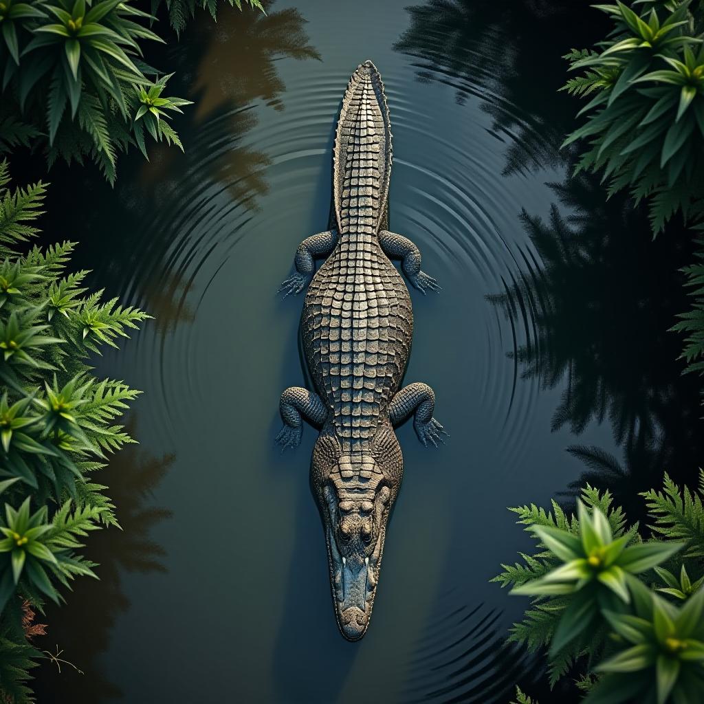  top view photo of large nile crocodile in african river or lake. nature background, jungle forests wallpaper of central africa with copy space