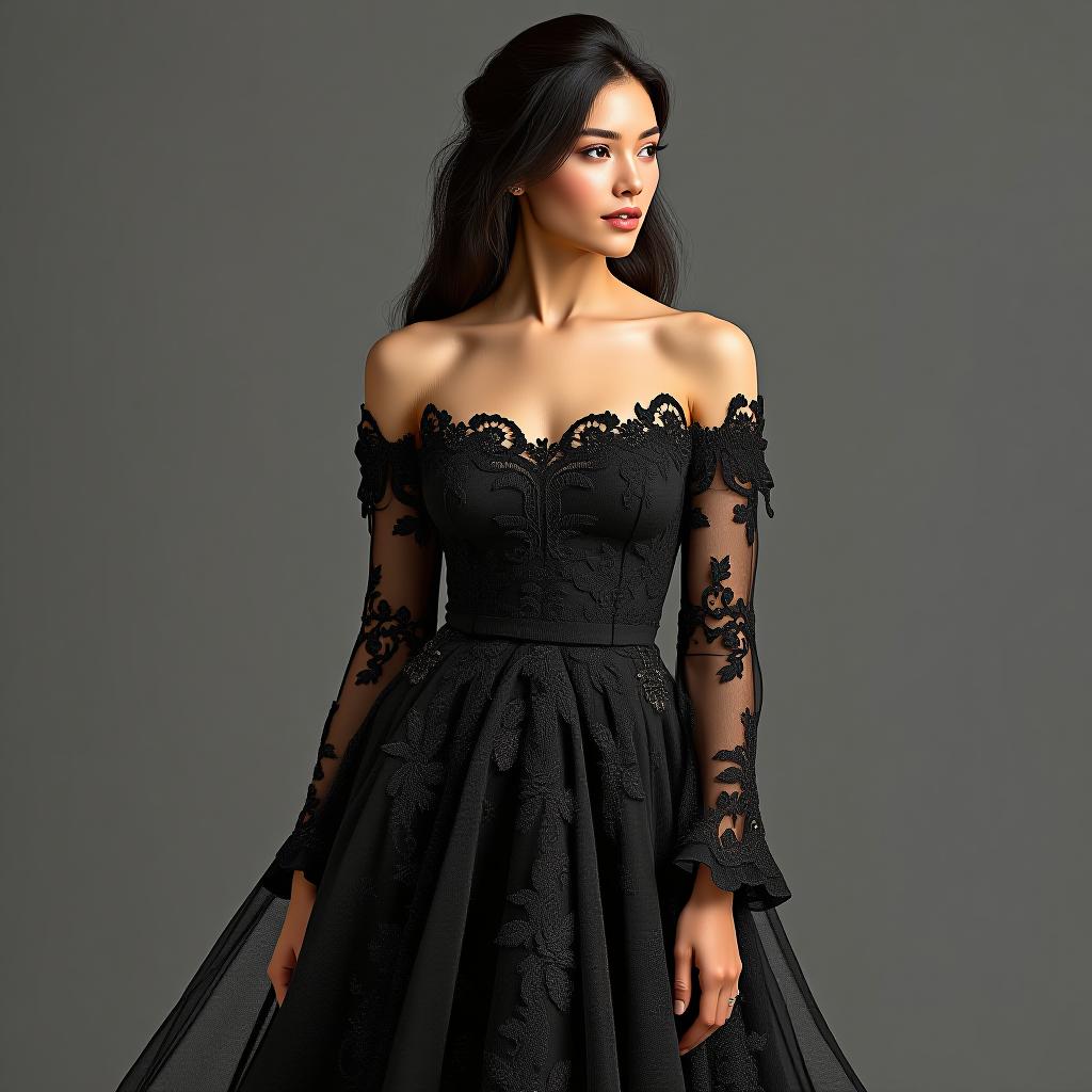  model photo that wears an elegant evening dress in black lace with uncovered shoulders and all embroidered in lace, the skirt presents some embroidery in gold. whole figure, award winning, professional, highly detailed, masterpiece