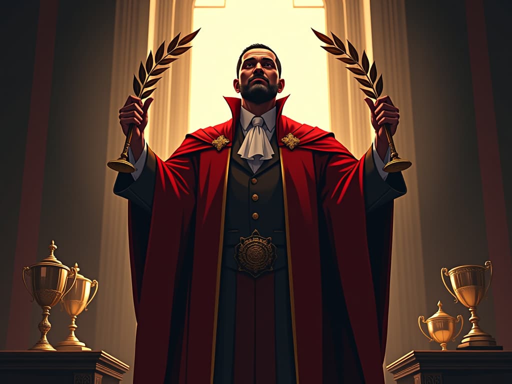  victorious scholar in red academia robes, holding laurels, light shining through window, trophies around, aura of hard work and honesty. the style is digital art illustration / modern comic book / graphic dark novel fantasy and mysterious occult, symbolic, moody lighting, esoteric vibe,high detail on character design. for the color scheme emphasize blacks and reds.