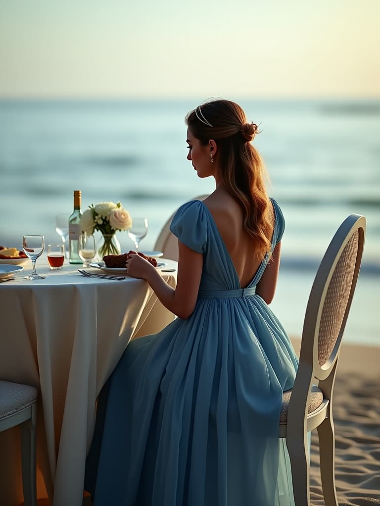  a woman wearing a blue dress is sitting behind an elegant table next to the beach, eating. hyperrealistic, full body, detailed clothing, highly detailed, cinematic lighting, stunningly beautiful, intricate, sharp focus, f/1. 8, 85mm, (centered image composition), (professionally color graded), ((bright soft diffused light)), volumetric fog, trending on instagram, trending on tumblr, HDR 4K, 8K