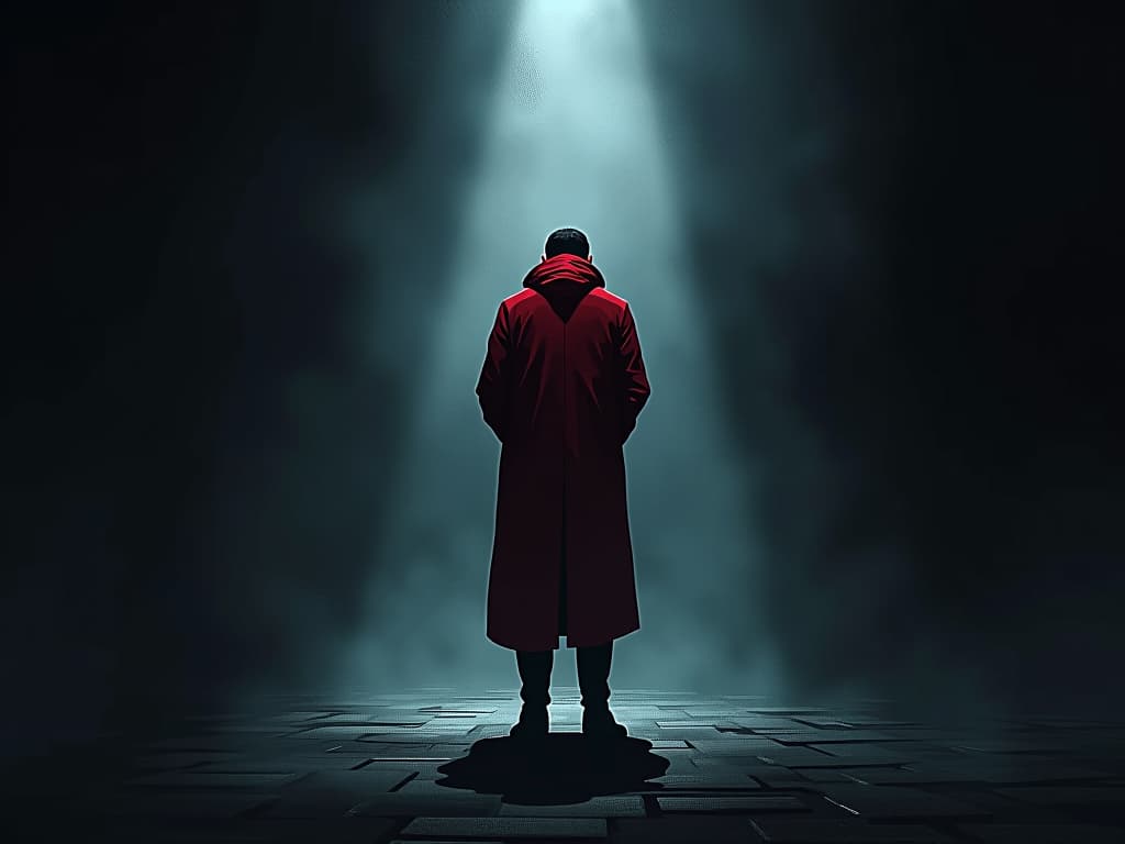  colleague in red jacket, bowing head in shame, spotlight on them, dark surrounding, mood of profound shame. the style is digital art illustration / modern comic book / graphic dark novel fantasy and mysterious occult, symbolic, moody lighting, esoteric vibe,high detail on character design. for the color scheme emphasize blacks and reds.