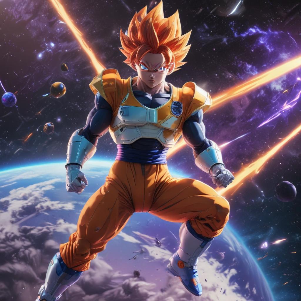 distance-shot, flashy, full-body, dynamic, holographic, animated cartoon poster of space in the style of dragon ball super