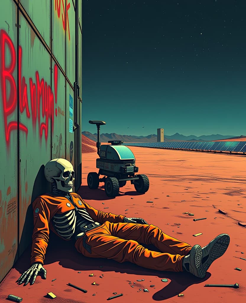  a science fiction illustration. front view of a discarded skeleton as corpse in a orange violet suit on the ground feet against the wall,wall of an industrial facilitie with cisterns. fields of solar panels at horizon. mutliple graffiti on walls, a red hand written spray as graffiti text (uppercase )"elon musk", ((lowercase)) "b bl n mym !"; industrial complex, metalic green walls covered with rust, red sand, mars rover on the side, broken mecanials parts against a wall, trash on the ground; the background is a night sky stars constellation in dark sky. hyperrealistic, full body, detailed clothing, highly detailed, cinematic lighting, stunningly beautiful, intricate, sharp focus, f/1. 8, 85mm, (centered image composition), (professionally color graded), ((bright soft diffused light)), volumetric fog, trending on instagram, trending on tumblr, HDR 4K, 8K