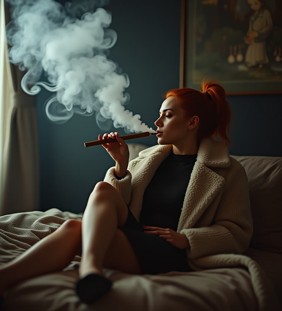  a pretty redhead dominatrix smoking a big cuban cigar, blowing huge clouds of smoke on a chinese dude, wearing fur coat, feet on bed