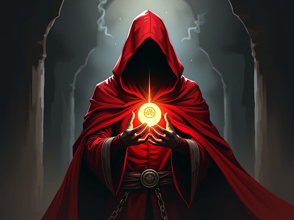  a red hooded figure holding a glowing orb, the light emanating strength, shadows retreating, aura of empowerment, mystic symbols floating. the style is digital art illustration / modern comic book / graphic dark novel fantasy and mysterious occult, symbolic, moody lighting, esoteric vibe,high detail on character design. for the color scheme emphasize blacks and reds.