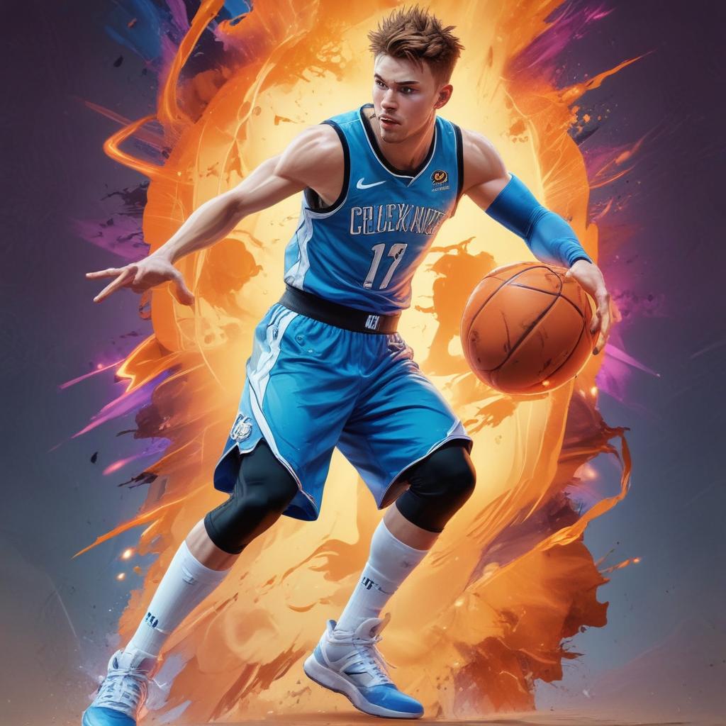 distance-shot, flashy, full-body, dynamic, holographic, animated cartoon poster of luka doncic in the style of dragon ball super