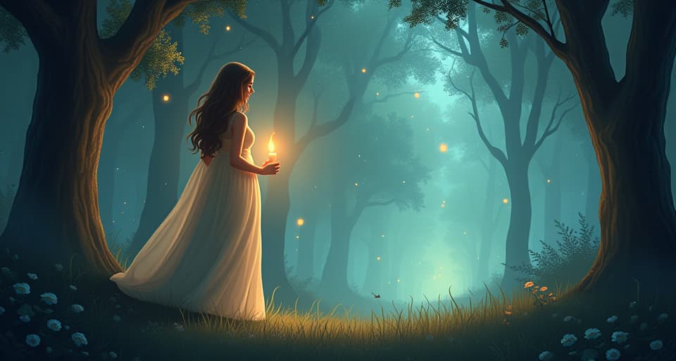  a radiant scene of an ethereal figure standing at the edge of an enchanting forest, looking into the glowing horizon. the figure holds a glowing candle, its light guiding the way, symbolizing an open and willing heart to follow divine guidance.. the style is digital art illustration,highly detailed, whimsical,magical, dreamlike atmosphere, realism and fantasy blend, smooth, glossy textures,luminous quality, wonder and enchantment.