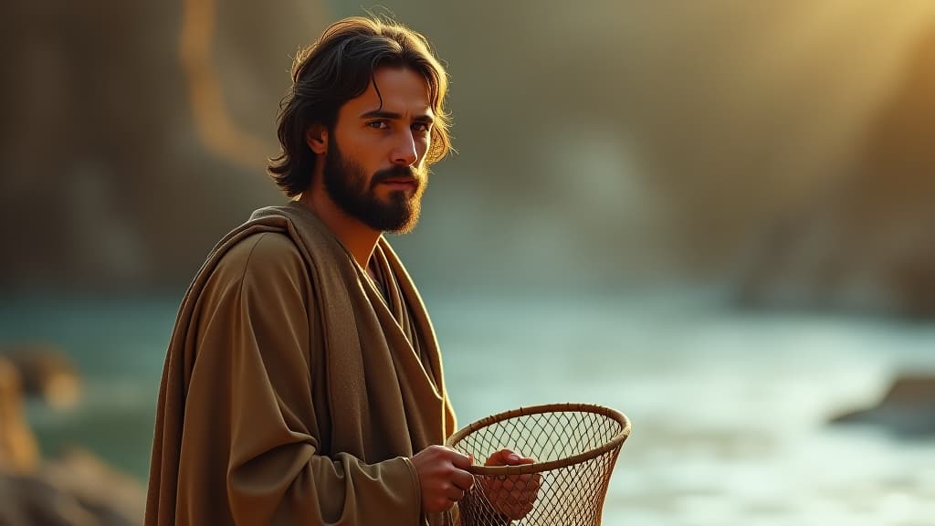  a vivid image of andrew, apostle of jesus, a humble man with a kind face, short beard, and tousled hair. dressed in biblical robes, he holds a small fishing net, reflecting his role before following jesus. the scene is set near the jordan river. hyperrealistic, full body, detailed clothing, highly detailed, cinematic lighting, stunningly beautiful, intricate, sharp focus, f/1. 8, 85mm, (centered image composition), (professionally color graded), ((bright soft diffused light)), volumetric fog, trending on instagram, trending on tumblr, HDR 4K, 8K