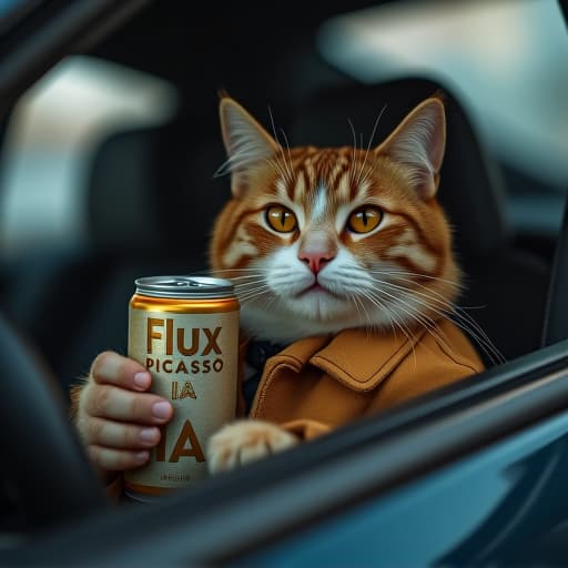  a cat in a car holding a can of beer that reads, 'flux picasso ia' hyperrealistic, full body, detailed clothing, highly detailed, cinematic lighting, stunningly beautiful, intricate, sharp focus, f/1. 8, 85mm, (centered image composition), (professionally color graded), ((bright soft diffused light)), volumetric fog, trending on instagram, trending on tumblr, HDR 4K, 8K