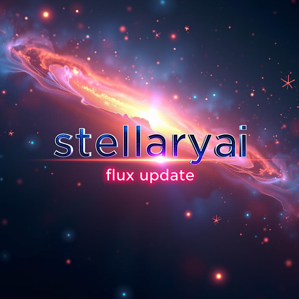  a breathtaking cosmic nebula swirling with vibrant colors, stars bursting into existence, ethereal wisps of stardust forming intricate patterns, ultra high detail, volumetric lighting, cinematic, 8k resolution. in the foreground, floating in space, the text "stellaryai" appears in sleek, futuristic metallic letters. below it, "flux update" is displayed in a glowing, energy pulsing font. the text seamlessly integrates with the celestial background, casting a subtle glow on the surrounding space.