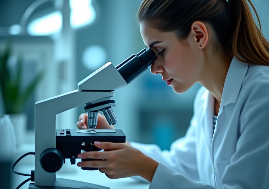  female scientist examining sample under microscope