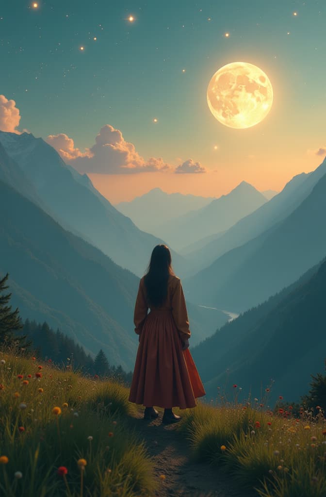  a view from me a nice world covered by grass and simple mountains and a sky glowing with yellow moon stars hyperrealistic, full body, detailed clothing, highly detailed, cinematic lighting, stunningly beautiful, intricate, sharp focus, f/1. 8, 85mm, (centered image composition), (professionally color graded), ((bright soft diffused light)), volumetric fog, trending on instagram, trending on tumblr, HDR 4K, 8K