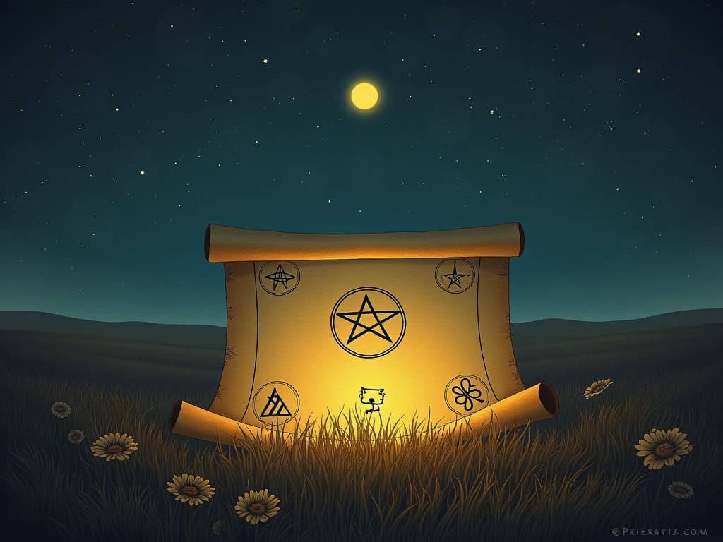  ancient, luminous scroll unfurling in an open field under a starlit sky, symbols glowing in the darkness, historical, sacred guidance. an illustration in the style of a worn, mystical old tarot trump card, mysterious and elements of surrealism. the colors are muted, somber and eerie, but with contrast bring out an occult and esoteric vibe.