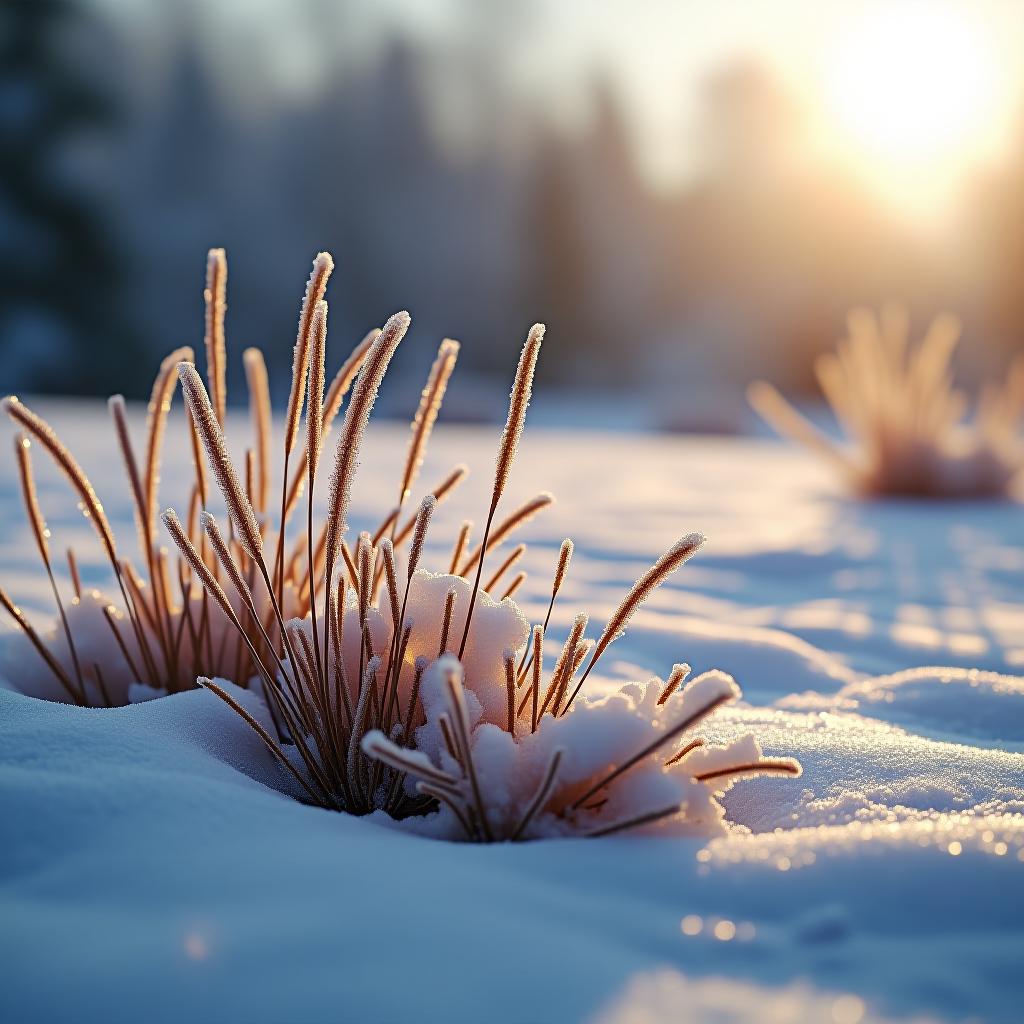  winter season outdoors landscape, frozen plants in nature on the ground covered with ice and snow, under the morning sun seasonal background for christmas wishes and greeting card