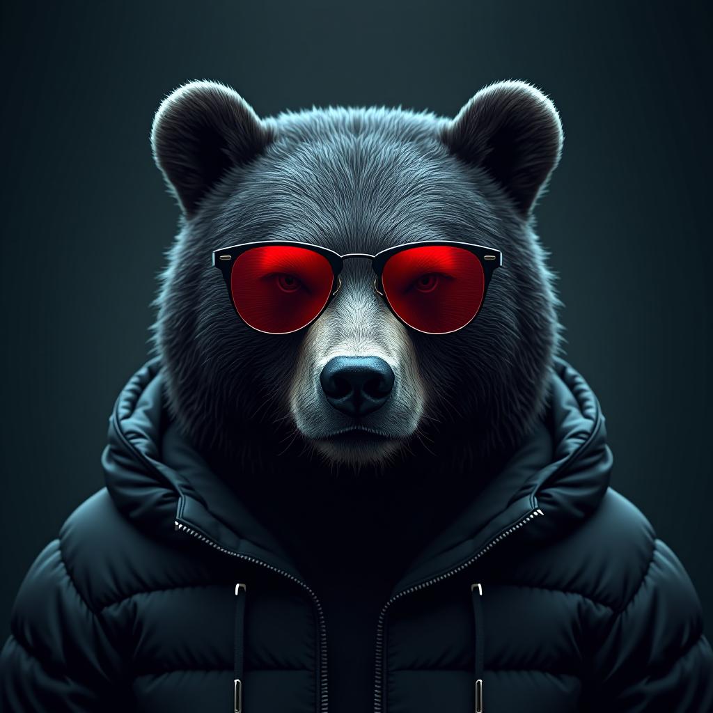  design a logo with with the text 'resultados dark', and a bear with glasses with red mirrored lenses hyperrealistic, full body, detailed clothing, highly detailed, cinematic lighting, stunningly beautiful, intricate, sharp focus, f/1. 8, 85mm, (centered image composition), (professionally color graded), ((bright soft diffused light)), volumetric fog, trending on instagram, trending on tumblr, HDR 4K, 8K