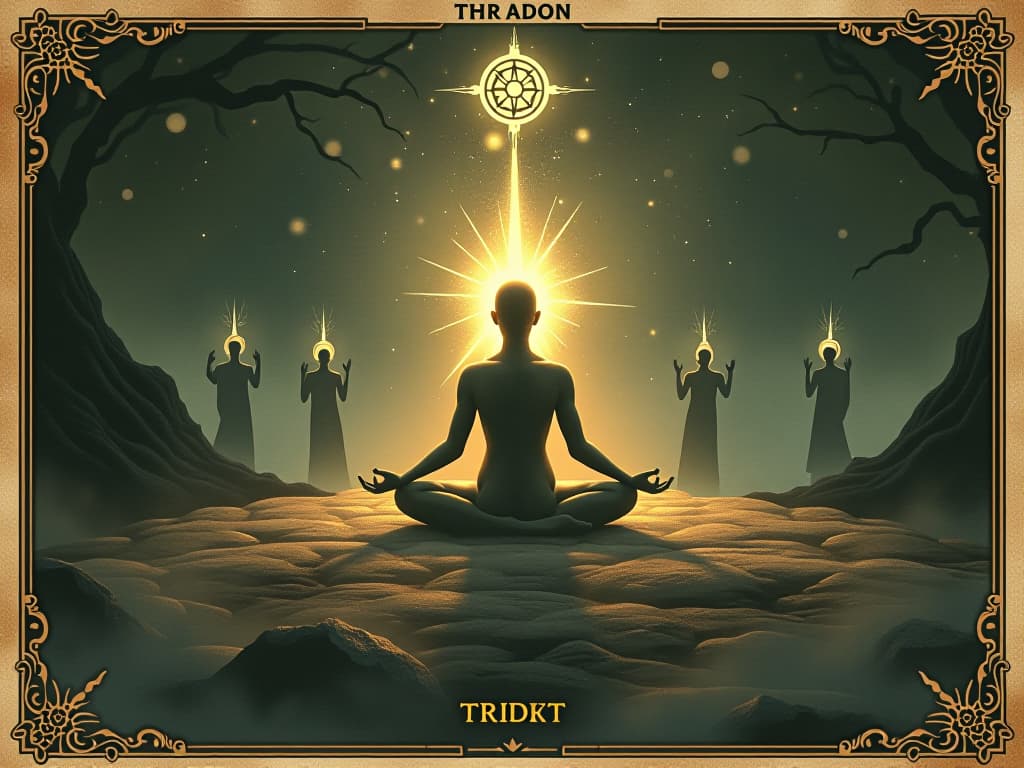  a glowing figure seated in a meditative pose, surrounded by floating ancient symbols, figures of light and shadows dance around, ethereal, harmonious, resonant. an illustration in the style of a worn, mystical old tarot trump card, mysterious and elements of surrealism. the colors are muted, somber and eerie, but with contrast bring out an occult and esoteric vibe.