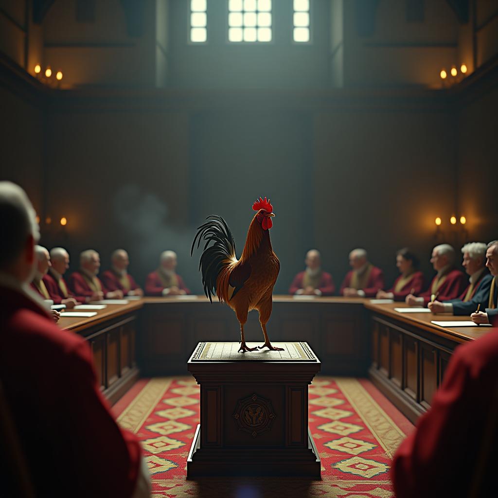  create a high quality, photorealistic image that vividly depicts the following scene: "a vivid, comprehensive image of a classic courtroom, set at the pinnacle of the middle ages, featuring a confused rooster perched precariously upon a scaled down dias at the center. encircling it, strict looking magistrates bedecked in age appropriate attire, quill pens and their airborne plumes captured mid movement in the muted glow of taper candles. the ominous presence of rigid stone walls and majestic oak pews, bustling with viewers overwhelmed by feelings of fascination, delight and disbelief. a vivid snapshot that captures the uncanny, even outlandish character of the scene, photographed with leica m10 r, f/2.8, iso 800, 1/125s, 40 megapixels, hyperrealistic, full body, detailed clothing, highly detailed, cinematic lighting, stunningly beautiful, intricate, sharp focus, f/1. 8, 85mm, (centered image composition), (professionally color graded), ((bright soft diffused light)), volumetric fog, trending on instagram, trending on tumblr, HDR 4K, 8K