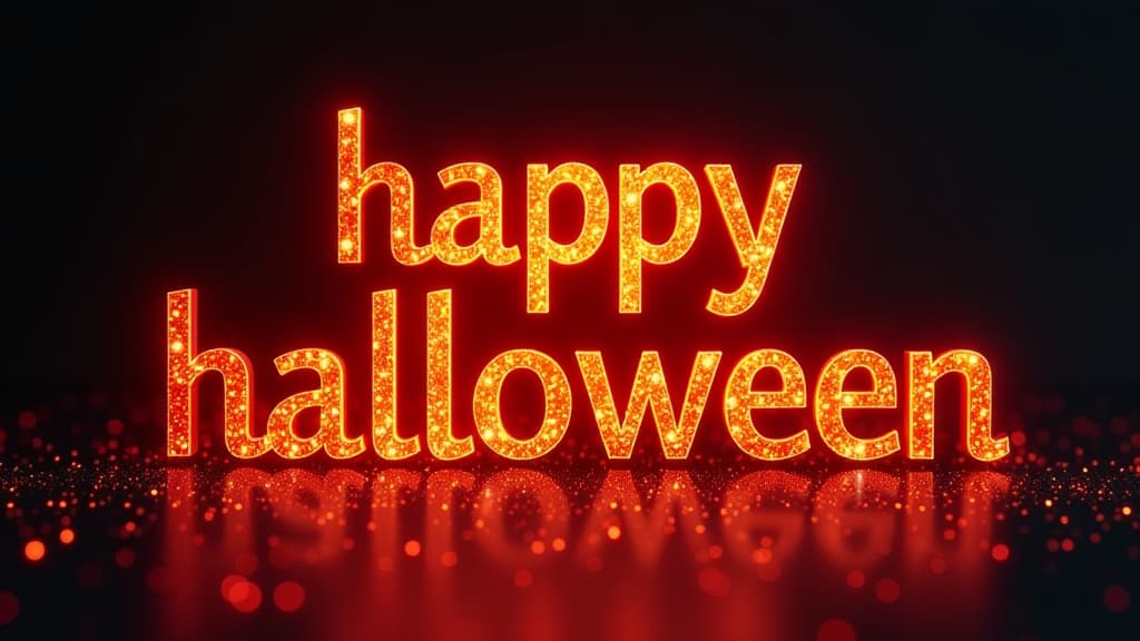  bold glowing orange letters “happy halloween”, black background with shimmering red glitters ar 16:9 {prompt}, maximum details