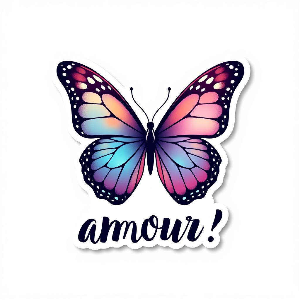  design a logo, design de sticker personnalisé sur un fond blanc isolé décoré par un papillon à l'aquarelle, avec le texte ‘amour’