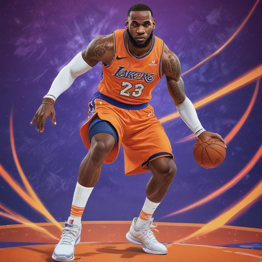 distance-shot, flashy, full-body, dynamic, holographic, animated cartoon poster of lebron james in the style of dragon ball super