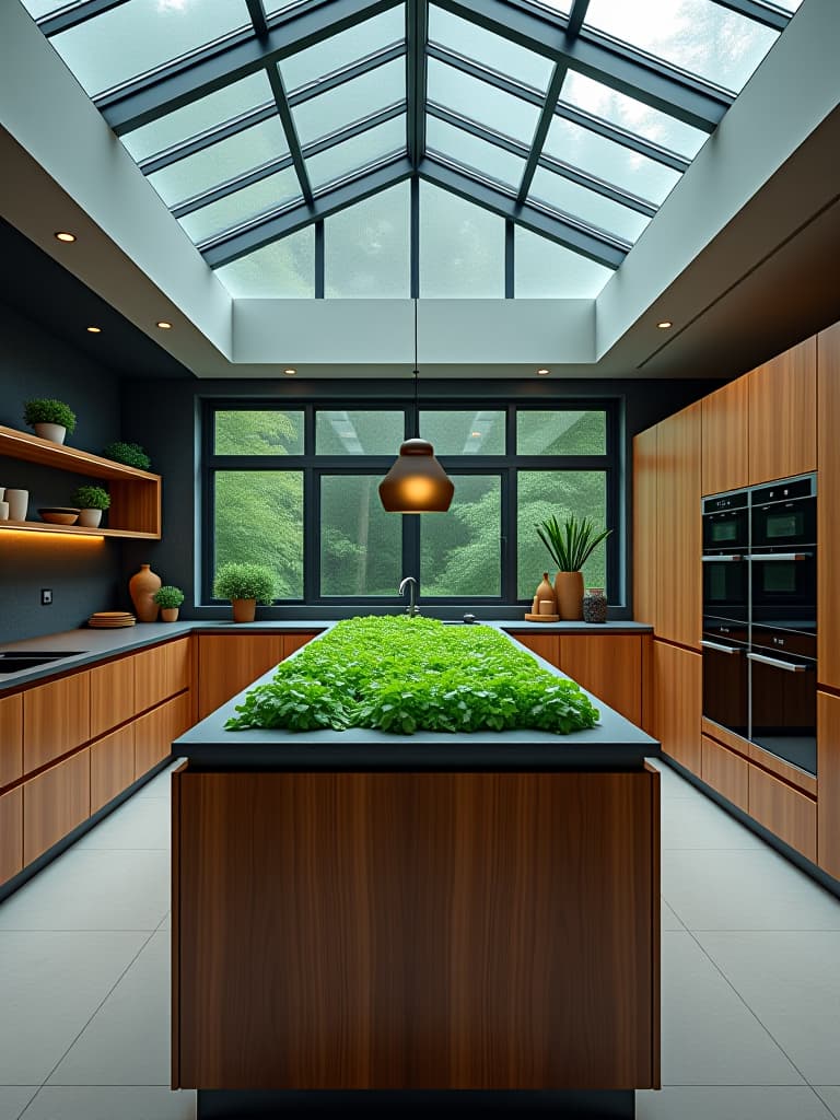  high quality portrait photo of a contemporary kitchen with a glass ceiling, featuring a central cooking island with a built in herb garden, surrounded by sleek cabinetry and high tech appliances hyperrealistic, full body, detailed clothing, highly detailed, cinematic lighting, stunningly beautiful, intricate, sharp focus, f/1. 8, 85mm, (centered image composition), (professionally color graded), ((bright soft diffused light)), volumetric fog, trending on instagram, trending on tumblr, HDR 4K, 8K