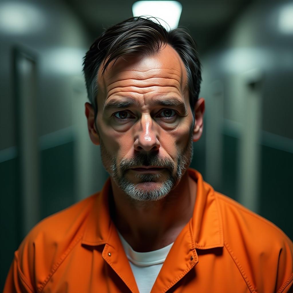  a hyper realistic headshot of a caucasian male in his mid 30s, wearing an orange prison jumpsuit. his face is unshaven, with stubble and weary brown eyes that reveal a sense of resignation. his short, dark hair is slightly disheveled, and his expression is solemn, as if weighed down by guilt. he looks directly into the camera, with a dimly lit prison corridor blurred in the background, high quality, high details, hd, perfect composition, 4k epic detailed, highly detailed, sharp focus, high resolution