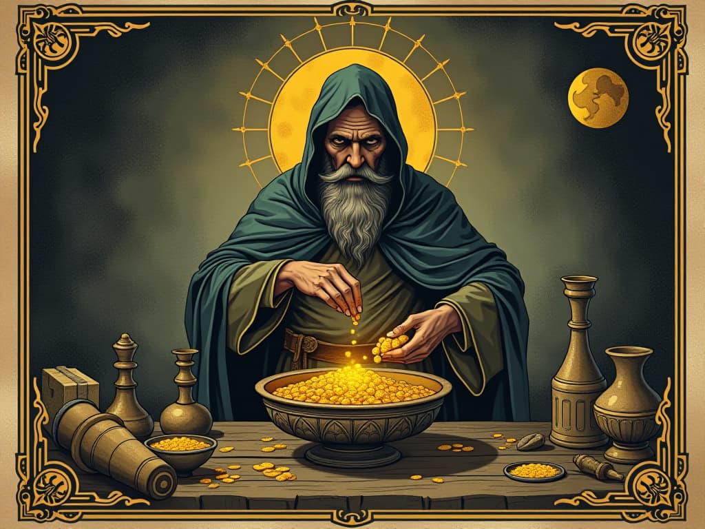  an ancient alchemist, surrounded by symbols and tools, transmuting raw materials into gold, signifying mastery, mystical, wise. an illustration in the style of a worn, mystical old tarot trump card, mysterious and elements of surrealism. the colors are muted, somber and eerie, but with contrast bring out an occult and esoteric vibe.