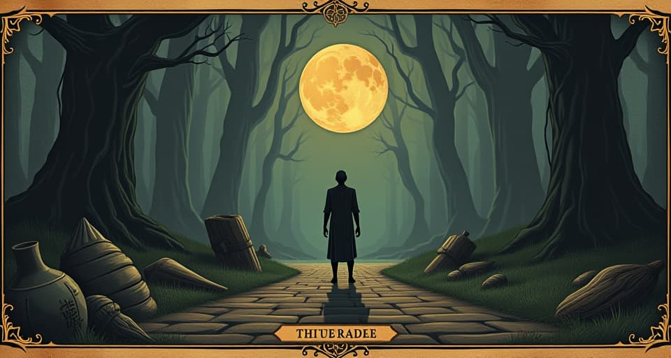  a figure standing at a crossroads, shadowy paths diverging, sense of hesitation, objects of temptation lining the dark path, moral dilemma. an illustration in the style of a worn, mystical old tarot trump card, mysterious and elements of surrealism. the colors are muted, somber and eerie, but with contrast bring out an occult and esoteric vibe.