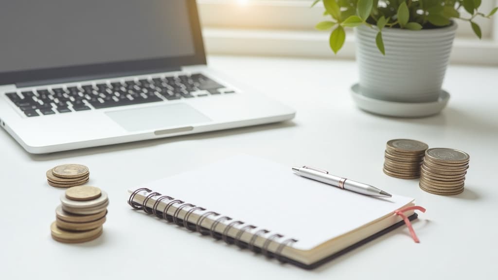  on a white table in a white office a white laptop, a diary, a pen, a watch, stacks of coins copy space {prompt}, maximum details