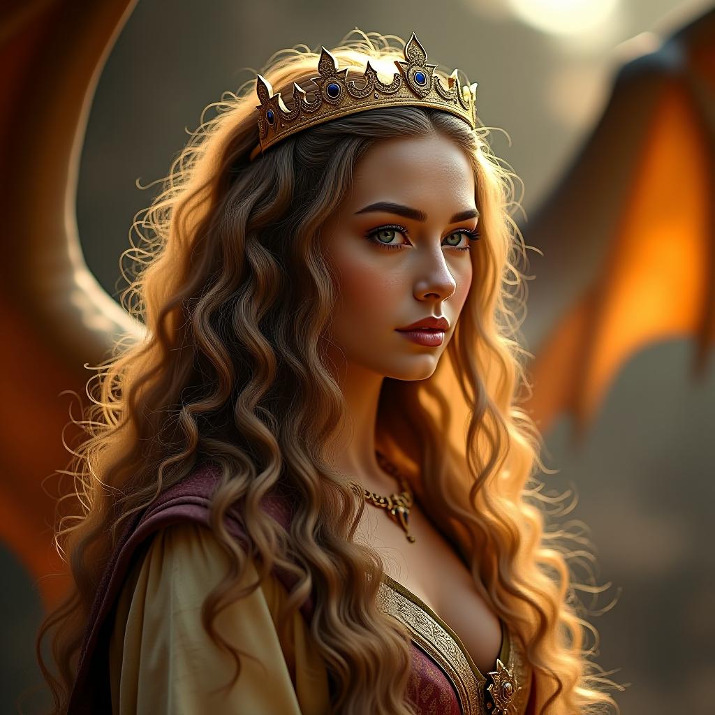  make an image of a honey blond woman as a queen with a king of long brown curly hair and dragons