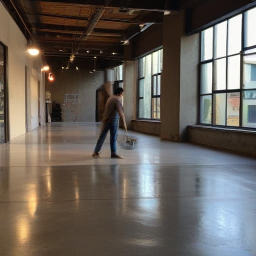 A photo of a concrete flooring artisan meticulously polishing a pristine floor in a modern industrial loft space during the early evening, with soft, warm ambient lighting casting gentle shadows across the textured surface.