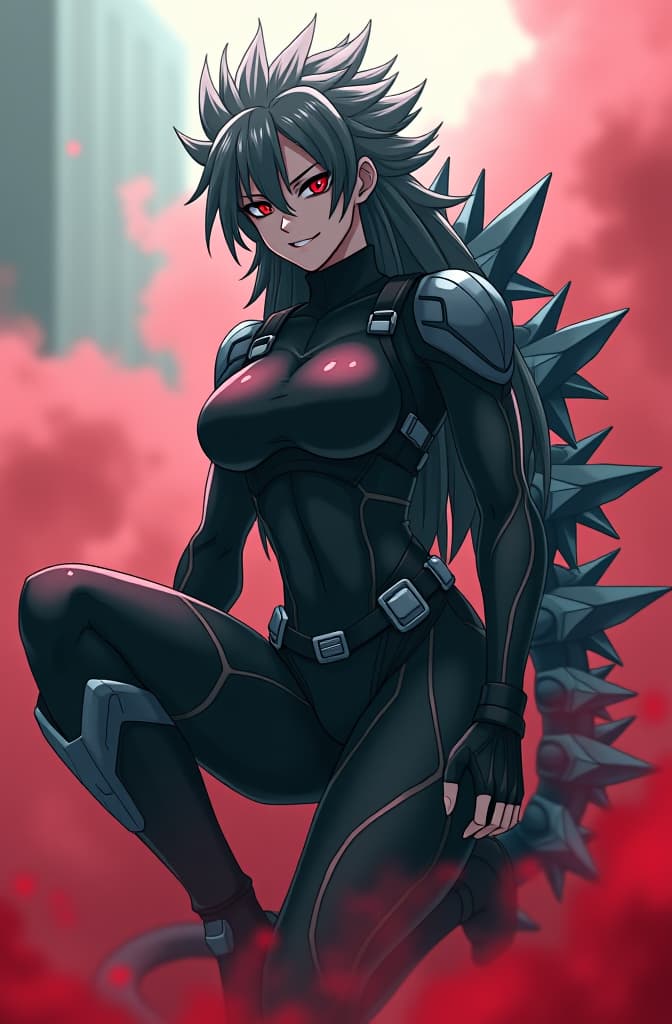  anime , clonetrooper, female anthropomorphized version of godzilla ultima, standing at an impressive 100 meters tall. she has long, spiky grayish black hair with white highlights and sharp teeth, giving her a fierce and edgy appearance. her outfit is a sleek black bodysuit with tactical elements, including straps, belts, fingerless gloves, and knee high boots, emphasizing a combat ready look. she boasts a prominent tail and jagged dorsal plates on her back. sitting confidently with one knee bent, her piercing red eyes and smirking expression further enhance her intimidating presence. she is powers: immense strength, atomic breath, rapid regeneration, energy release, adaptability summon red smoke around him, change size, anime, re hyperrealistic, full body, detailed clothing, highly detailed, cinematic lighting, stunningly beautiful, intricate, sharp focus, f/1. 8, 85mm, (centered image composition), (professionally color graded), ((bright soft diffused light)), volumetric fog, trending on instagram, trending on tumblr, HDR 4K, 8K