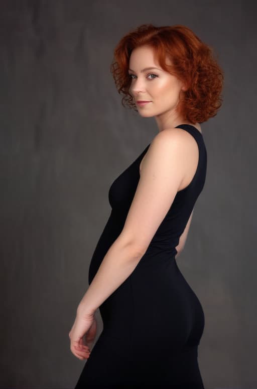 Pregnant redhead with short curly puffy hair, in very tight elastic black workout maternity jumpsuit, side view, pointy long skinny pregnant belly that sticks straight out, american, cinematic