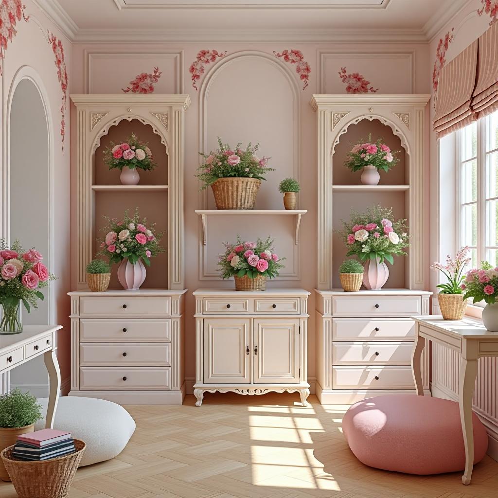  ((the interior of a flower shop)) the walls of the shop are decorated with floral ornaments. ((1,2 wooden carved shelves1,with flowers, baskets with bouquets)). cupboards with vases filled with fresh flowers, chests of drawers, tables and pouffes with imitation aged wood look very attractive. light parquet flooring. (style):fantasy, art design, provence, advertising, shop window, (colours):soft pink, light lavender, white, soft green, all pastel shades.