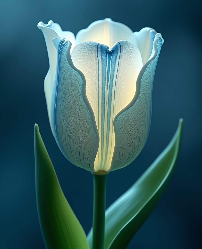  impressionist painting digital image. professional shot. close up. (sculpture: 1.6). (mystical tulip made of porcelain and coloured glass: 1,6). clear texture of porcelain and glass. glowing aura of magic, subtle ornamental patterns on petals. lush glass bud. baroque lines border delicate petals. white with bright blue veins. elegant green porcelain petals. polished, (glossy). mesmerising, shiny, sparkling. glowing from within the bud. witchy magic, mystical. dark ribbed textures. background surreal abstractionism, fog, from which intricate patterns on the tulip leaves emerge, shimmering with all the colours of the rainbow. fine curls of lines of magic and sorcery: fractal like gradients. stylistics: strong decorative, neo rococo, fantasy hyperrealistic, full body, detailed clothing, highly detailed, cinematic lighting, stunningly beautiful, intricate, sharp focus, f/1. 8, 85mm, (centered image composition), (professionally color graded), ((bright soft diffused light)), volumetric fog, trending on instagram, trending on tumblr, HDR 4K, 8K