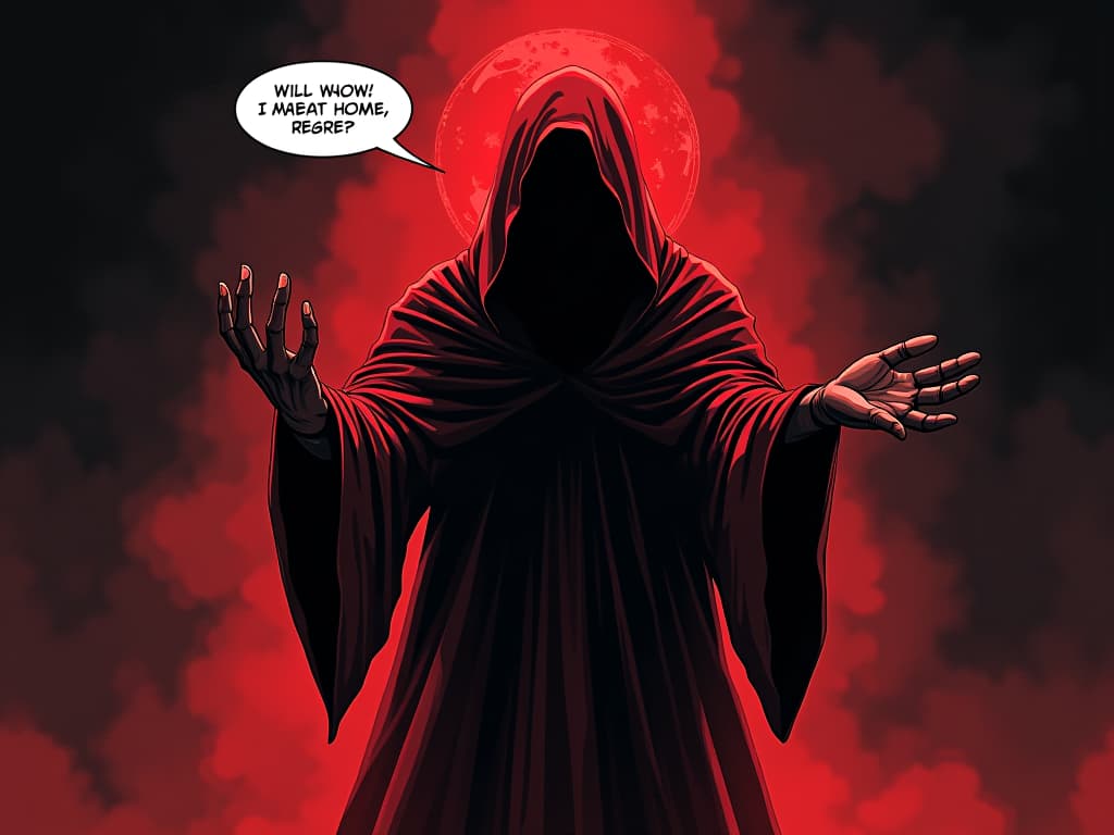  figure in red, speaking with animated gestures, shadowy backdrop, mood of regret and promise. the style is digital art illustration / modern comic book / graphic dark novel fantasy and mysterious occult, symbolic, moody lighting, esoteric vibe,high detail on character design. for the color scheme emphasize blacks and reds.