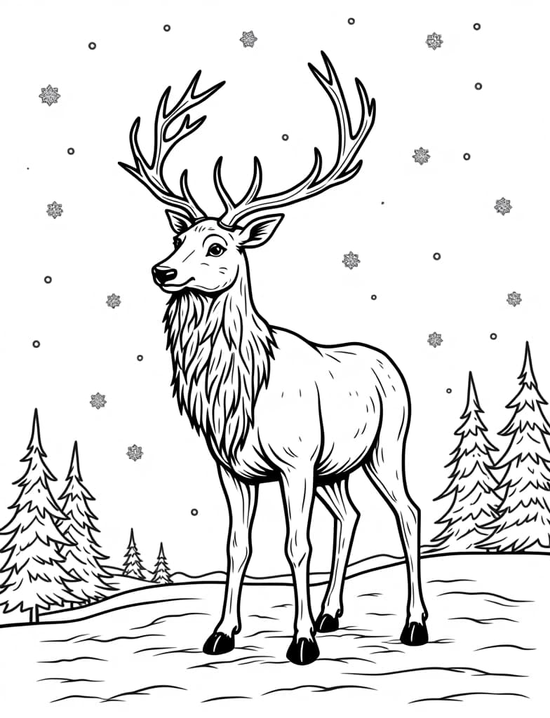  this is for an adult coloring page. a detailed black and white line art of a snowy reindeer standing in the snow under a starry sky on a solid white background.