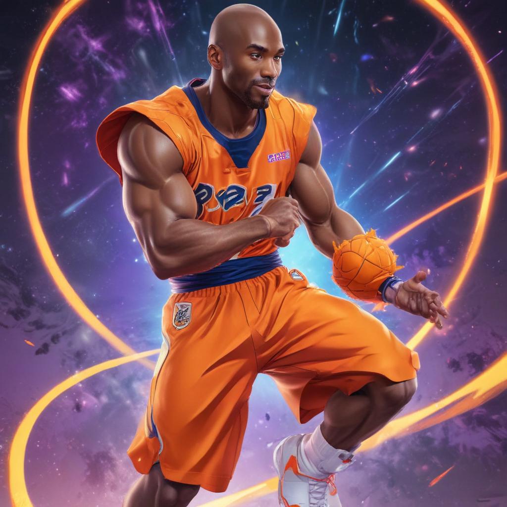 distance-shot, flashy, full-body, dynamic, holographic, animated cartoon poster of kobe in the style of dragon ball super