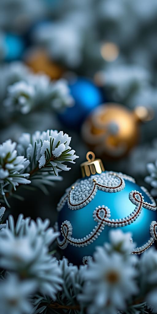  christmas ornaments in blue and gold nestled among snowy branches, capturing the festive holiday spirit.