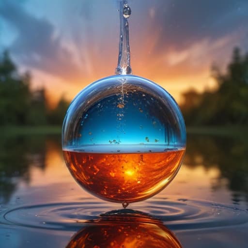 An image of earth within a droplet of fire falling through the air into water in Comic Art style with Nature background